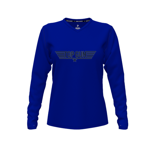 [CUS-DFW-TEES-PER-VNK-LSL-RYL-FYXS-LOGO1] Decker Performance T-Shirt (Female Youth XS, Royal, V Neck, Logo 1, Long Sleeve)