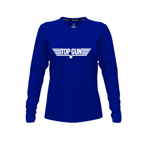 [CUS-DFW-TEES-PER-VNK-LSL-RYL-FYXS-LOGO3] Performance T-Shirt (Female Youth XS, Royal, V Neck, Logo 3, Long Sleeve)