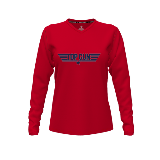 [CUS-DFW-TEES-PER-VNK-LSL-RED-FYXS-LOGO1] Performance T-Shirt (Female Youth XS, Red, V Neck, Logo 1, Long Sleeve)